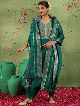 Libas - Green Embroidered Embellished Kurta and Salwar with Dupatta (Set of 3)