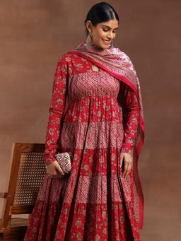 Libas - Pink Floral Printed Anarkali Kurta and Churidar with Dupatta (Set of 3)