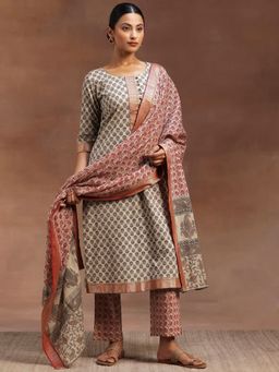 Libas - Beige Pure Cotton Printed Kurta Sets for Women