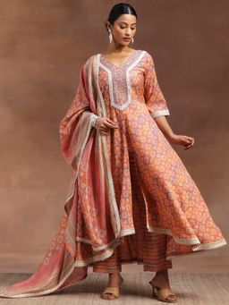 Libas - Peach Silk Blend Printed Kurta Sets for Women