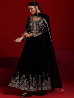 Libas Art - Black Floral Embroidered Anarkali Kurta and Pant with Dupatta (Set of 3)