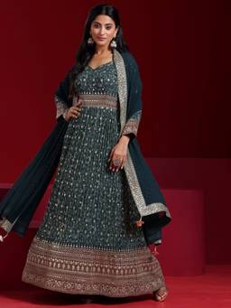 Libas Art - Teal Embroidered Embellished Anarkali Kurta and Pant with Dupatta (Set of 3)