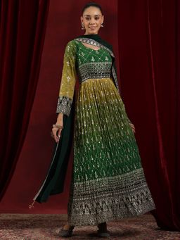 Libas Art - Green Embroidered Embellished Anarkali Kurta and Pant with Dupatta (Set of 3)
