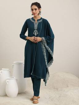 Libas - Teal Blue Wool Blend Yoke Design Kurta Sets for Women