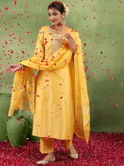 Gerua By Libas - Yellow Embroidered Embellished Kurta and Pant with Dupatta (Set of 3)