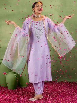 Gerua By Libas - Lavender Floral Embroidered Kurta and Pant with Dupatta (Set of 3)