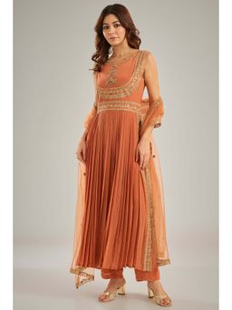 Studio A - Orange Pleated Anarkali with Pant and Dupatta (Set of 3)