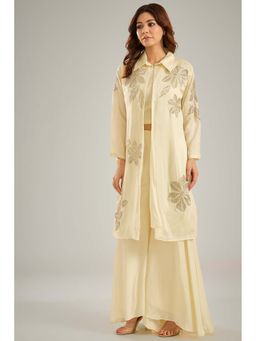 Studio A - Ivory Crystal Bead Hand Embroidery Jacket with Top and Palazzo (Set of 3)