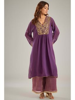 Studio A - Purple Hand Embroidery Kurta with Palazzo and Inner (Set of 3)