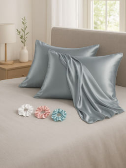 Kuber Industries - Grey Satin Pillow Covers with 3 Scrunchies