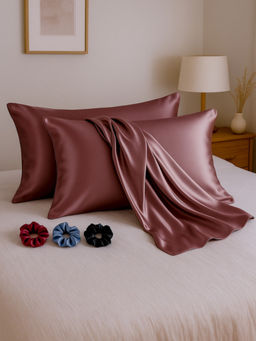 Kuber Industries - Rose Gold Satin Pillow Covers with 3 Scrunchies