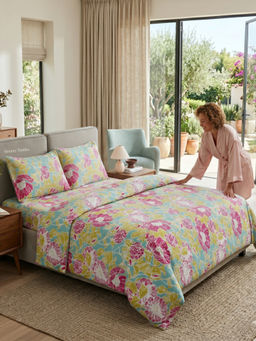 Haus & Kinder - Petal Veranda Multi-Color Cotton 186TC Flat Bedsheet with 2 Pillow Covers