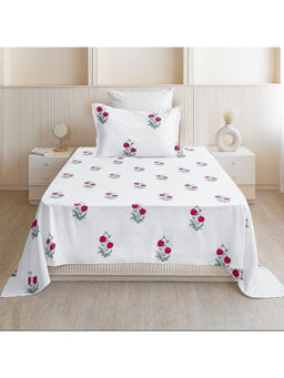 HOMEMONDE - 210TC Cotton Floral Print White Rose Bedsheet with 1 Pillow Cover (Single)