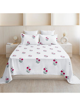 HOMEMONDE - White 210TC Cotton Floral Print Bedsheet with 2 Pillow Covers