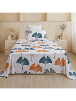HOMEMONDE - 210TC Cotton Leaf Print Orange Bedsheet with 1 Pillow Cover (Single)