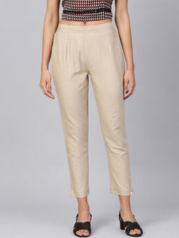 Juniper - Sand Grey Solid Cotton Flex Slim Fit Women Pants with Two Pockets