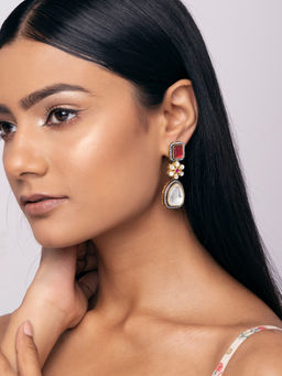 Indya - Gold Red Stone Floral Motif Kundan Dangler Earrings