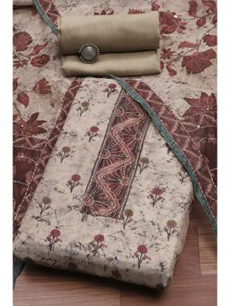 Biba - Women Beige Chanderi Hand Printed Unstitched Dress Material