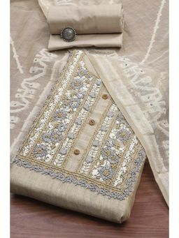 Biba - Women Beige Chanderi Hand Embroidered Unstitched Dress Material