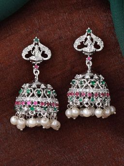 Estele - Rhodium Plated CZ Divine Lakshmi Devi Designer Earrings with Pearls for Women