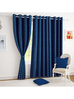 Story@Home - Blackout Foil Blue & Silver Hexagon Pattern 1 Pc 9 Feet Door Curtain