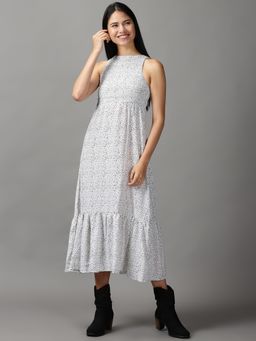 SHOWOFF - Womens Round Neck Midi White Abstract Dress