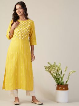 FASHOR - Woven Striped Resham Hand Embroidered Kurta Yellow