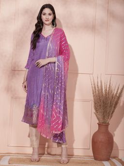 FASHOR - Solid Ethnic Woven Kurta with Dupatta Purple (Set of 2)