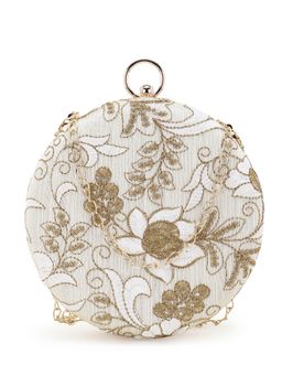 Anekaant - Gala Natural and Gold Faux Silk Floral Embroidered Clutch