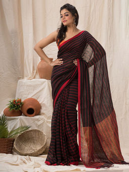 Angoshobha - Handloom Linen Saree Black and Red Stripes with Unstitched Blouse