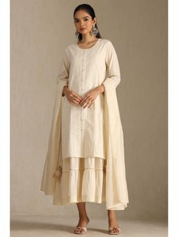 Soch - Womens Off White Cotton Embroidered & Zari Midi Dress with Dupatta