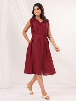 Janasya - Womens Maroon Rayon Solid A-Line Belted Midi Dress