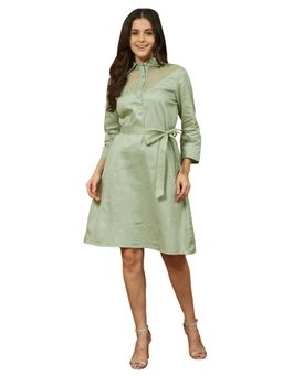 Janasya - Womens Sage Green Cotton Embellished A-Line Belted Dress