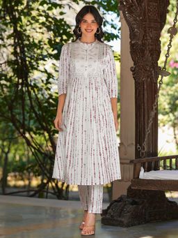 Janasya - Womens White Pure Cotton Tie & Dye Mirror Work A-Line Kurta with Pant