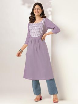 Janasya - Womens Lavender Pure Cotton Yoke Embroidered A-Line Kurta