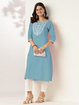 Janasya - Womens Light Blue Pure Cotton Yoke Embroidered Straight Kurta