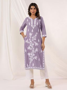 Janasya - Womens Light Purple Pure Cotton Embroidered Straight Kurta