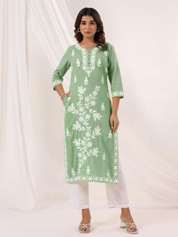 Janasya - Womens Light Green Pure Cotton Embroidered Straight Kurta