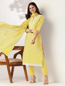 Janasya - Womens Yellow Pure Cotton Embroidered Straight Kurta with Pant & Dupatta