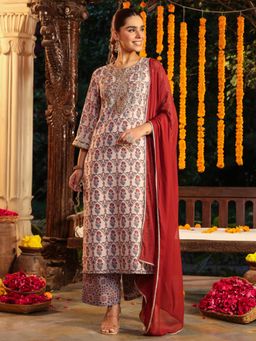Janasya - Womens Cream Yoke Zari Embroidered Ajarakh Straight Kurta with Pant & Dupatta
