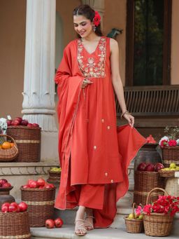 Janasya - Womens Rust Pure Cotton Embroidered A-Line Kurta with Pant & Dupatta