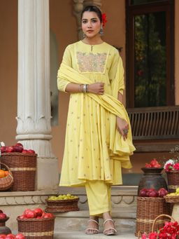 Janasya - Womens Yellow Pure Cotton Embroidered A-Line Kurta with Pant & Dupatta
