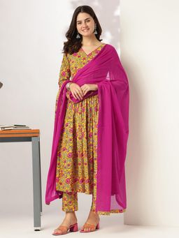 Janasya - Womens Yellow Pure Cotton Floral Printed Angrakha Kurta with Pant & Dupatta