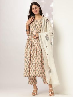 Janasya - Womens Peach Pure Cotton Floral Printed A-Line Kurta with Pant & Dupatta
