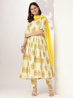 Janasya - Womens Off White Floral Printed A-Line Anarkali Kurta with Pant & Dupatta