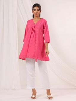 Janasya - Womens Pink Pure Cotton Schiffli A-Line Tunic
