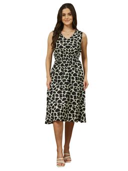 Janasya - Womens Black & White Linen Cotton Abstract Printed A-Line Midi Dress