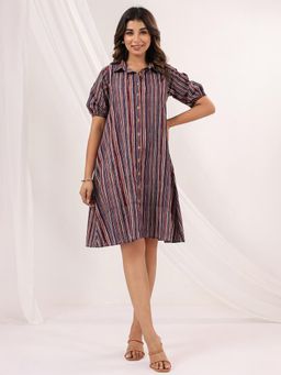 Janasya - Womens Multi-Color Pure Cotton Stripes A-Line Knee Length Dress