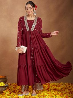 Janasya - Womens Maroon Georgette Embellished Foil Tiered Kurta with Pant