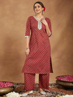 Janasya - Womens Maroon Embellished Floral Printed Straight Kurta with Pant